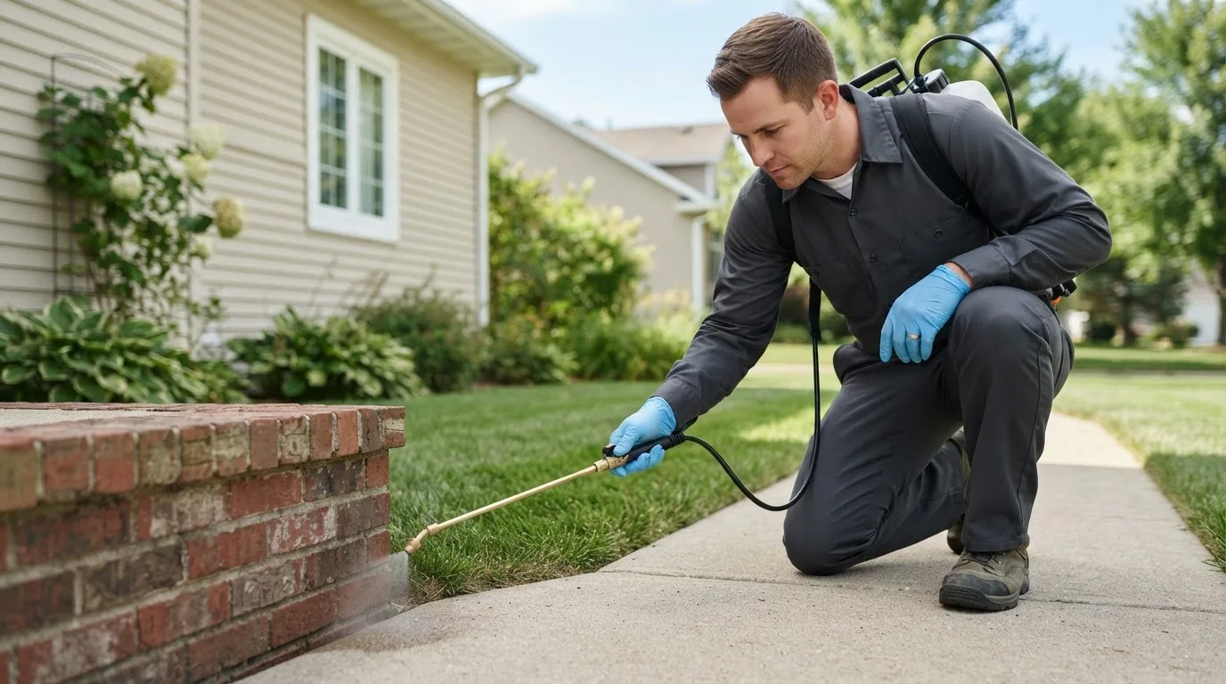 Pest control technician treating a home near New Leipzig, ND