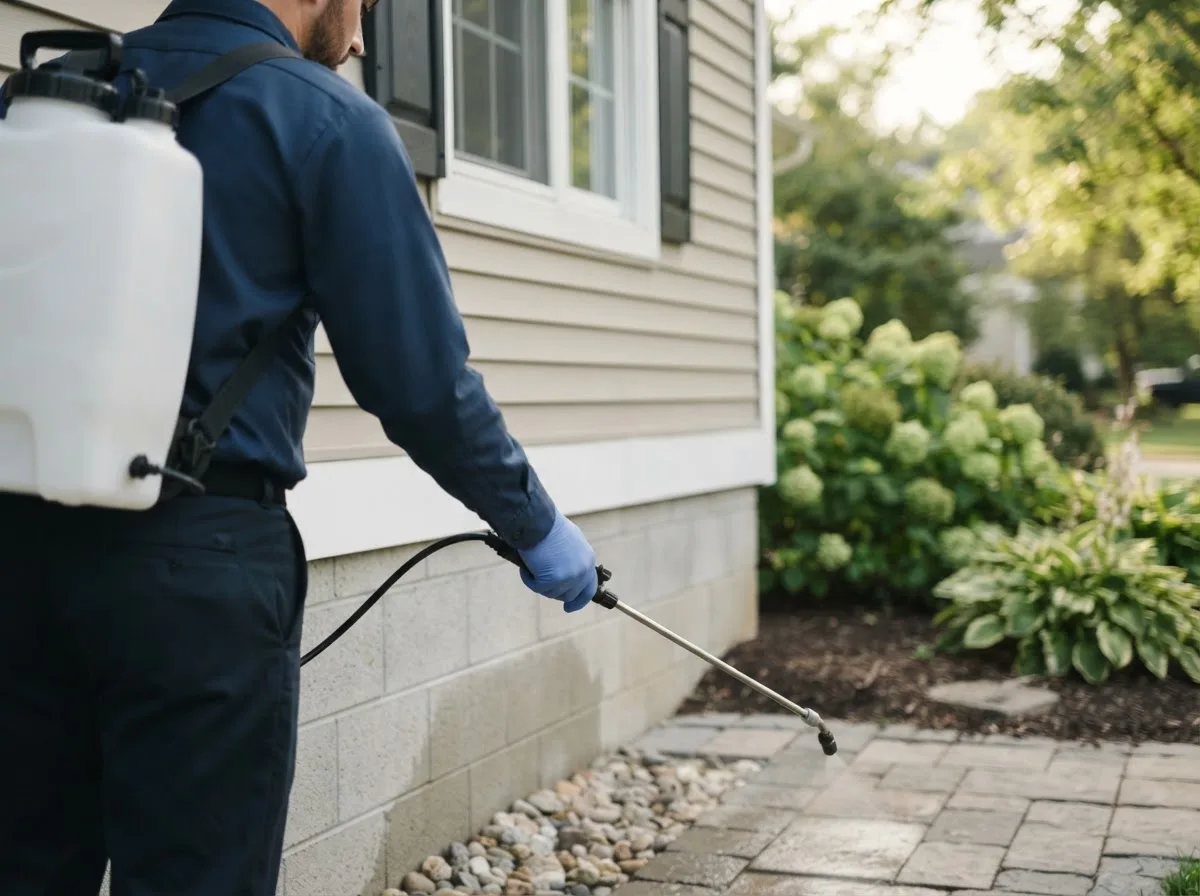 Pest control technician inspecting a home in New Leipzig, ND